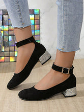 Women's Autumn/Winter Ballet Round Toe Ankle Strap Silver Glitter Block Heel Black Suede